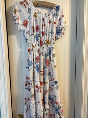 White Floral Midi Dress with Blue, Pink & Yellow Blooms